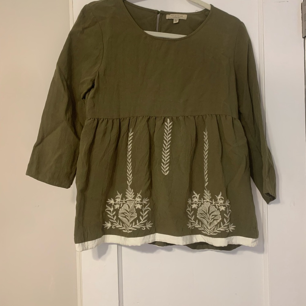 Boho embroidered Polagram olive green top
